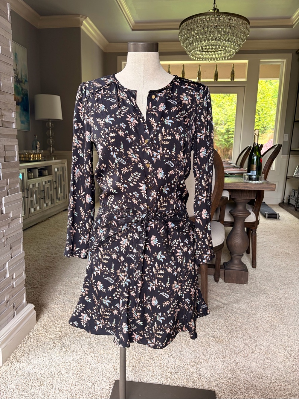 Veronica Beard Black Floral Tie-Waist Long Sleeve Dress